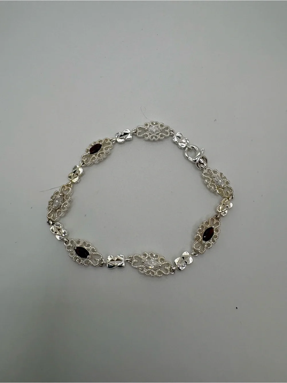 S925 Sterling Silver Filigree Link Bracelet CZ Tourmaline Tested 7” 9g